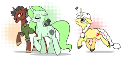 Size: 1280x598 | Tagged: safe, artist:8bitcolor, artist:askmerriweatherauthor, imported from derpibooru, oc, oc only, oc:alton, oc:merriweather, oc:techno wizard, pony, unicorn, female, male, mare, simple background, stallion, transparent background