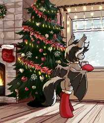 Size: 233x276 | Tagged: safe, artist:tigra0118, imported from derpibooru, oc, oc only, bat pony, pony, bipedal, bipedal leaning, christmas, christmas lights, christmas stocking, christmas tree, clothes, female, fireplace, garland, holiday, leaning, mug, new year, picture for breezies, pixel art, snow, snowfall, socks, solo, tree, window