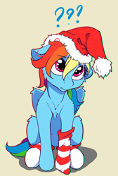Size: 2056x3064 | Tagged: safe, artist:alcor, imported from derpibooru, rainbow dash, pegasus, pony, alcor is trying to murder us, behaving like a dog, cheek fluff, chest fluff, christmas, clothes, confused, cute, dashabetes, female, floppy ears, fluffy, hat, head tilt, holiday, leg fluff, looking up, mare, question mark, santa hat, shoulder fluff, simple background, sitting, socks, solo, striped socks, tan background, wing fluff