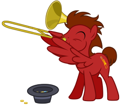 Size: 8659x7459 | Tagged: safe, artist:estories, imported from derpibooru, oc, oc only, oc:slide fortissimo, pegasus, pony, 2021 community collab, bits, commission, gem, hat, musical instrument, simple background, solo, transparent background, trombone, wing hands, wings