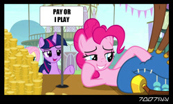 Size: 1288x778 | Tagged: safe, edit, edited screencap, editor:teren rogriss, imported from derpibooru, screencap, fluttershy, pinkie pie, twilight sparkle, alicorn, earth pony, pegasus, pony, yakity-sax, extortion, money, ponyville, twilight sparkle (alicorn), yovidaphone