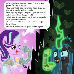 Size: 6969x6969 | Tagged: safe, artist:kmlp, derpibooru exclusive, imported from derpibooru, queen chrysalis, starlight glimmer, changeling, pony, unicorn, absurd resolution, abuse, airhorn, chrysabuse, crying, crysalis, dialogue, insulted, levitation, magic, offended, phone, punish the villain, revenge, shots fired, smiling, starlight vs chrysalis, teary eyes, telekinesis, telephone, verbal abuse