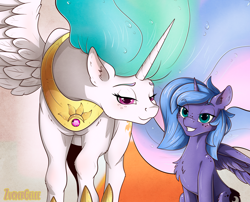 Size: 2100x1700 | Tagged: safe, artist:zuckergelee, imported from derpibooru, princess celestia, princess luna, alicorn, pony, bedroom eyes, blushing, collar, cutie mark, digital art, duo, female, jewelry, larger female, looking at you, mare, royal sisters, s1 luna, siblings, sisters, size difference, smaller female, smiling at you, spread wings, wings