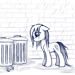 Size: 1024x1024 | Tagged: safe, artist:rainbow, imported from derpibooru, oc, oc only, earth pony, pony, monochrome, rain, solo, trash can, wet