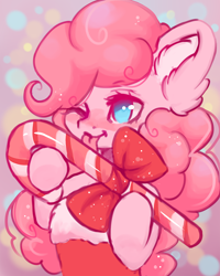 Size: 800x1000 | Tagged: safe, artist:valeria_fills, imported from derpibooru, pinkie pie, earth pony, pony, ;p, blushing, bow, candy, candy cane, cute, digital art, female, food, licking, mare, one eye closed, solo, tongue out, wink