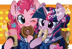 Size: 1920x1300 | Tagged: safe, artist:potetecyu_to, imported from derpibooru, pinkie pie, twilight sparkle, earth pony, pony, semi-anthro, unicorn, clothes, cute, diapinkes, donut, duo, female, food, mare, milk tea, one eye closed, school uniform, twiabetes