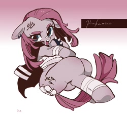 Size: 1395x1298 | Tagged: safe, artist:potetecyu_to, imported from derpibooru, pinkie pie, earth pony, semi-anthro, bandage, bandaid on nose, clothes, ear piercing, female, gauze, jacket, mare, nose bandaid, piercing, pinkamena diane pie, solo, spiked wristband, tattoo, wristband