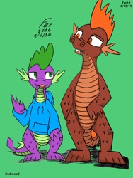 Size: 900x1200 | Tagged: safe, artist:eliizadesu, imported from derpibooru, spike, dragon, clothes, digital art, duo, green background, looking at each other, male, simple background, sweater, tail