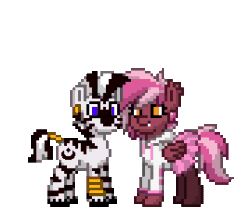 Size: 269x227 | Tagged: safe, artist:bnau, imported from derpibooru, oc, oc:zeny, oc:zephyr, pegasus, pony, zebra, pony town, animated, blushing, cheek kiss, clothes, ear fluff, fangs, female, gif, heart, interspecies, jewelry, kiss on the cheek, kissing, male, mare, perfect loop, pixel art, raised hoof, shipping, simple background, stallion, transparent background