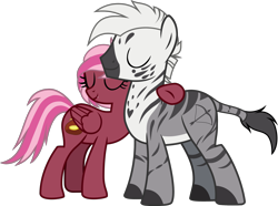 Size: 2500x1863 | Tagged: safe, artist:bnau, imported from derpibooru, oc, oc:gallagher, oc:zeny, pegasus, zebra, eyes closed, fangs, female, hug, male, race swap, show accurate, simple background, size difference, transparent background, vector