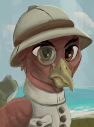 Size: 1280x1724 | Tagged: safe, artist:monx94, imported from derpibooru, oc, oc only, griffon, equestria at war mod, angry, bust, button-up shirt, colonizer, dutch, eyebrows, hat, monocle, old, portrait, simple background, solo