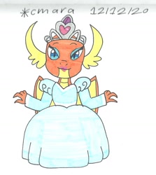 Size: 1020x1142 | Tagged: safe, artist:cmara, imported from derpibooru, smolder, dragon, clothes, crown, dress, eyeshadow, female, jewelry, lipstick, makeup, princess smolder, regalia, simple background, solo, traditional art, white background