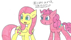 Size: 1343x767 | Tagged: safe, artist:cmara, imported from derpibooru, fluttershy, pinkie pie, earth pony, pegasus, pony, duo, female, mare, open mouth, simple background, traditional art, white background