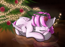 Size: 1410x1031 | Tagged: safe, artist:yuris, imported from derpibooru, oc, oc only, oc:flutter cat, pegasus, pony, christmas, commission, folded wings, garland, holiday, pegasus oc, solo, tree, wings, ych result