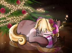 Size: 1410x1031 | Tagged: safe, alternate version, artist:yuris, imported from derpibooru, oc, oc only, earth pony, pony, alternate character, christmas, commission, earth pony oc, garland, holiday, solo, tree, ych result