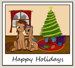 Size: 1827x1662 | Tagged: safe, alternate version, artist:jackieb, derpibooru exclusive, imported from derpibooru, oc, oc only, oc:allegra mazarine, oc:red bark, bird, bird pone, earth pony, pegasus, pony, brown mane, christmas, christmas tree, closed eye, feathered tail, garland, gift art, green eyes, happy, holiday, hug, nuzzling, pair, present, red mane, request, secret santa, signature, sitting, snow, striped mane, text, tree, two toned wings, window, wings