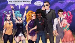 Size: 1920x1097 | Tagged: safe, artist:draltruist, imported from derpibooru, adagio dazzle, aria blaze, pinkie pie, sonata dusk, oc, oc:copper plume, oc:midnight radiance, oc:midnight radiance (sixpathspony), human, equestria girls, anime, blushing, bodyguard, breasts, busty adagio dazzle, busty aria blaze, busty dazzlings, busty pinkie pie, busty sonata dusk, canon x oc, cheek kiss, choker, clothes, commission, copperpie, dark skin, dazzlings, dress, eyes closed, female, gem, grin, hands in the air, holding arms, humanized, kiss on the cheek, kissing, male, nervous, nervous grin, one eye closed, open mouth, security guard, shipping, siren gem, smiling, straight, suit, the dazzlings