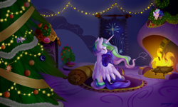 Size: 1671x1000 | Tagged: safe, artist:maeveadair, artist:yoonergetic, imported from derpibooru, princess celestia, princess luna, alicorn, pony, christmas, christmas tree, cuddling, cute, doll, duo, eyes closed, female, fireplace, garland, hearth's warming doll, hearth's warming eve, holiday, hug, ornament, siblings, sisters, toy, tree, winghug, wreath