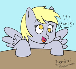 Size: 3000x2700 | Tagged: safe, artist:demitri, imported from derpibooru, derpy hooves, pegasus, pony, cross-eyed, female, happy, open mouth, signature, smiling, smiling at you, solo, speech bubble, text