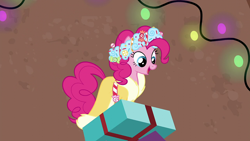 Size: 1920x1080 | Tagged: safe, imported from derpibooru, screencap, pinkie pie, spirit of hearth's warming presents, earth pony, pony, a hearth's warming tail, clothes, female, mare, present, solo