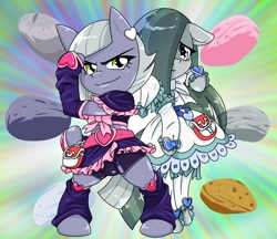 Size: 1480x1280 | Tagged: safe, artist:batipin, imported from derpibooru, limestone pie, marble pie, earth pony, semi-anthro, clothes, cosplay, costume, cure black, cure white, duo, floppy ears, hair over one eye, pretty cure