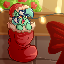 Size: 4000x4000 | Tagged: safe, alternate version, artist:witchtaunter, imported from derpibooru, lyra heartstrings, pony, unicorn, absurd resolution, christmas, christmas stocking, cute, ear fluff, hat, holiday, lyrabetes, santa hat, smiling, solo, tiny, tiny ponies