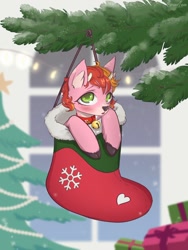 Size: 900x1200 | Tagged: safe, artist:lunarlacepony, imported from derpibooru, oc, oc only, deer, pony, bell, bell collar, christmas, christmas tree, clothes, collar, deer oc, hearth's warming eve, holiday, present, socks, solo, tree