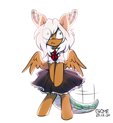 Size: 1518x1648 | Tagged: safe, alternate version, artist:gicme, imported from derpibooru, oc, oc only, oc:viola pens, pegasus, pony, big eyes, bipedal, clothes, confused, cosplay, costume, cute, dragon tail, eye clipping through hair, horn, horns, maid, miss kobayashi's dragon maid, shrunken pupils, simple background, solo, transparent background, wide eyes