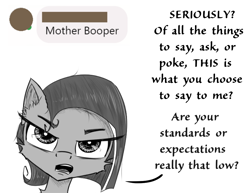 Size: 1000x773 | Tagged: safe, artist:chopsticks, imported from derpibooru, oc, oc only, oc:cookie cutter, pegasus, pony, ask, ask cookie cutter, cheek fluff, dialogue, ear fluff, female, filly, looking at you, monochrome, solo, text, unamused