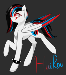 Size: 2300x2600 | Tagged: safe, artist:riariirii2, imported from derpibooru, oc, oc only, oc:huirou lazuli, pegasus, pony, dark background, pegasus oc, raised hoof, solo, spiked wristband, tattoo, wings, wristband