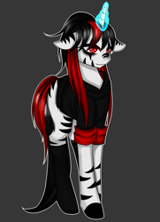 Size: 2081x2881 | Tagged: safe, artist:riariirii2, imported from derpibooru, oc, oc only, oc:lunelaya, hybrid, pony, zebra, zebracorn, zebroid, zony, clothes, dark background, female, glowing horn, horn, mare, solo