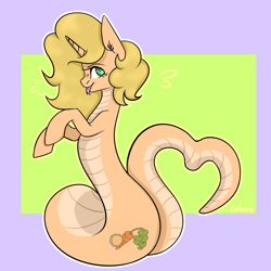 Size: 1024x1024 | Tagged: safe, imported from derpibooru, oc, oc only, oc:carrot leah, oc:leah, lamia, original species, snake, snake pony, unicorn, ear piercing, female, jewelry, mare, piercing, simple background, solo