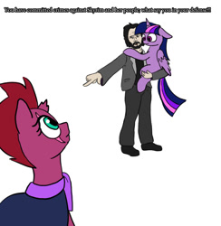 Size: 700x718 | Tagged: safe, artist:slamjam, imported from derpibooru, tempest shadow, twilight sparkle, alicorn, human, pony, unicorn, broken horn, carrying, dialogue, eye scar, floppy ears, holding a pony, horn, keanu reeves, meme, pointing, scar, simple background, skyrim, the elder scrolls, twilight sparkle (alicorn), white background, wings