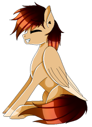 Size: 395x547 | Tagged: safe, artist:minelvi, imported from derpibooru, oc, oc only, pegasus, pony, colored hooves, ear piercing, eyes closed, grin, pegasus oc, piercing, simple background, sitting, smiling, solo, transparent background, two toned wings, wings
