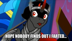 Size: 800x450 | Tagged: safe, edit, edited screencap, imported from derpibooru, screencap, king sombra, pony, the beginning of the end, cropped, fart, implied farting, male, solo, stallion