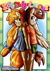 Size: 1860x2622 | Tagged: safe, artist:anibaruthecat, imported from derpibooru, pound cake, pumpkin cake, anthro, human, pegasus, unicorn, comic:incest-d-licious, blushing, bow, brother and sister, cake twins, cakecest, caketwincest, clothes, cute, dress, duo, female, hair bow, holding hands, horn, humanized, incest, looking at you, male, older, older pound cake, older pumpkin cake, shirt, shorts, siblings, title, title page, twins, watermark, wings