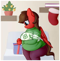 Size: 3164x3240 | Tagged: safe, artist:andelai, imported from derpibooru, oc, oc:redbow rose, anthro, pegasus, anthro oc, bbw, chubby, clothes, fat, holiday, pegasus oc, present, sweater, wings