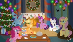 Size: 2408x1380 | Tagged: safe, artist:julie25609, imported from derpibooru, applejack, fluttershy, pinkie pie, rainbow dash, rarity, twilight sparkle, alicorn, earth pony, pegasus, pony, unicorn, a hearth's warming tail, book, christmas, christmas stocking, christmas tree, christmas wreath, cookie, fire, fireplace, food, holiday, mane six, present, tongue out, tree, unicorn twilight, window, wreath