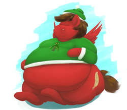 Size: 2500x2181 | Tagged: safe, artist:lupin quill, imported from derpibooru, oc, oc only, oc:redbow rose, pegasus, pony, belly, belly squish, big belly, bingo wings, chubby cheeks, clothes, double chin, eyes closed, fat, holiday, huge belly, neck roll, obese, pegasus oc, squish, sweater, triple chin, wings