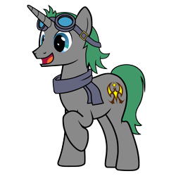 Size: 2048x2048 | Tagged: safe, artist:wptaimuty, imported from derpibooru, oc, oc only, oc:steam shadow, pony, unicorn, derpibooru community collaboration, 2021 community collab, clothes, goggles, goggles on head, male, raised hoof, scarf, simple background, smiling, solo, solo male, stallion, transparent background