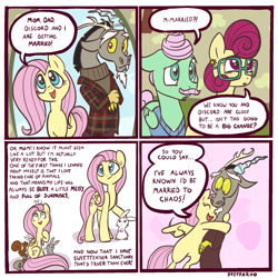 Size: 2048x2048 | Tagged: safe, artist:pfeffaroo, imported from derpibooru, angel bunny, discord, fluttershy, gentle breeze, posey shy, draconequus, ferret, mouse, pegasus, pony, rabbit, squirrel, 4 panel comic, animal, announcement, clothes, comic, dialogue, discoshy, female, floppy ears, fluttershy's parents, folded wings, glasses, happy, heartwarming, high res, hug, jacket, male, mare, open mouth, shipping, sitting on head, smiling, speech bubble, stallion, straight, sweater, wings