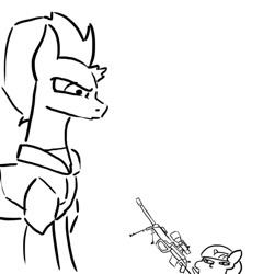 Size: 500x520 | Tagged: safe, artist:slamjam, imported from derpibooru, tempest shadow, twilight sparkle, pony, unicorn, broken horn, cheytac intervention, gun, horn, rifle, size difference, sniper, sniper rifle, squatpony, twiggie, weapon