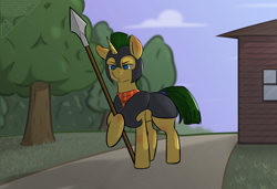 Size: 3800x2600 | Tagged: safe, artist:phlerius, imported from derpibooru, oc, oc only, pony, unicorn, digital art, forest, guard, my little pony, solo, spear, weapon