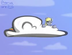 Size: 2600x2000 | Tagged: safe, artist:phlerius, imported from derpibooru, derpy hooves, rainbow dash, pegasus, pony, cloud, cute, digital art, duo, eyes closed, on a cloud, sky, smiling, tail