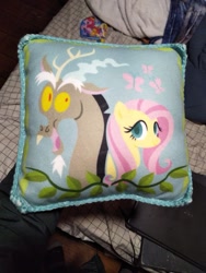 Size: 655x873 | Tagged: artist needed, safe, imported from derpibooru, discord, fluttershy, butterfly, draconequus, pony, discordant harmony, defictionalization, irl, leaves, photo, pillow