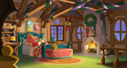 Size: 3000x1620 | Tagged: safe, anonymous artist, imported from derpibooru, big macintosh, fluttershy, oc, oc:late riser, earth pony, pegasus, pony, series:fm holidays, baby, baby pony, bed, bedroom, bell, christmas, christmas lights, christmas wreath, colt, family, female, fire, fire light, fireplace, fluttermac, fluttershy's bedroom, fluttershy's cottage, garland, hearth's warming, hearth's warming doll, holiday, laying on bed, lying down, lying on bed, male, mare, night, offspring, on back, on bed, parent:big macintosh, parent:fluttershy, parents:fluttermac, present, ribbon, shipping, sleeping, stallion, straight, wreath