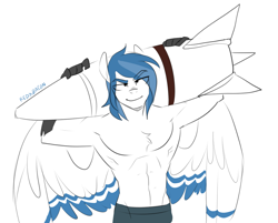 Size: 1250x1003 | Tagged: safe, artist:redxbacon, imported from ponybooru, oc, oc only, oc:delta dart, anthro, hippogriff, abs, air-2 genie, chest fluff, clothes, eye clipping through hair, looking at you, male, muscles, muscular male, no source available, partial nudity, patreon, patreon reward, rocket, signature, simple background, smiling, smirk, solo, spread wings, talons, topless, two toned wings, white background, white coat, wings