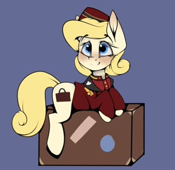 Size: 2775x2698 | Tagged: safe, artist:lux-arume, imported from ponybooru, oc, oc only, oc:belle hop, earth pony, pony, bell hop, bellhop, blue background, blushing, clothes, female, hat, lying down, mare, simple background, solo, suit, suitcase