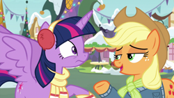 Size: 1280x720 | Tagged: safe, imported from ponybooru, screencap, applejack, twilight sparkle, alicorn, earth pony, pony, best gift ever, applejack's hat, christmas, clothes, cowboy hat, duo, earmuffs, female, female focus, hat, holiday, looking at each other, ponyville, raised hoof, scarf, silence, solo focus, spread wings, twilight sparkle (alicorn), wings