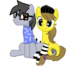 Size: 1200x1046 | Tagged: safe, artist:silver-bristle, derpibooru exclusive, imported from derpibooru, oc, oc only, oc:liz, oc:liz (lisazul9), oc:silver bristle, earth pony, pony, derpibooru community collaboration, 2021 community collab, clothes, cutie mark, female, glasses, hat, male, mare, shirt, simple background, sitting, smiling, socks, stallion, t-shirt, transparent background